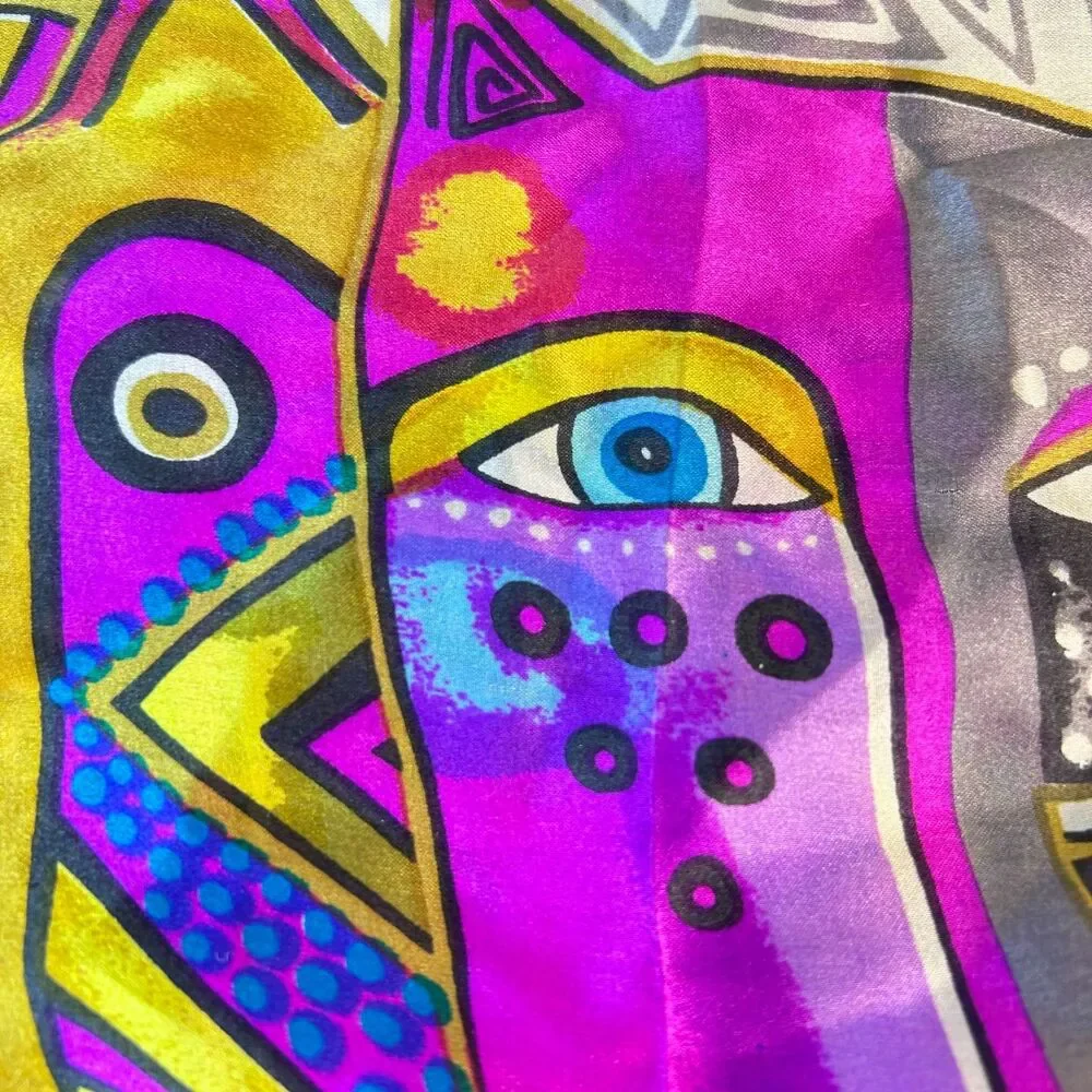 Laurel Burch Vibrant Multicolor Abstract Cat Print 100% Silk Rectangle Scarf